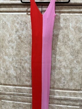 STAUD Red & Pink Ribbed V-Neck Maxi Skirt